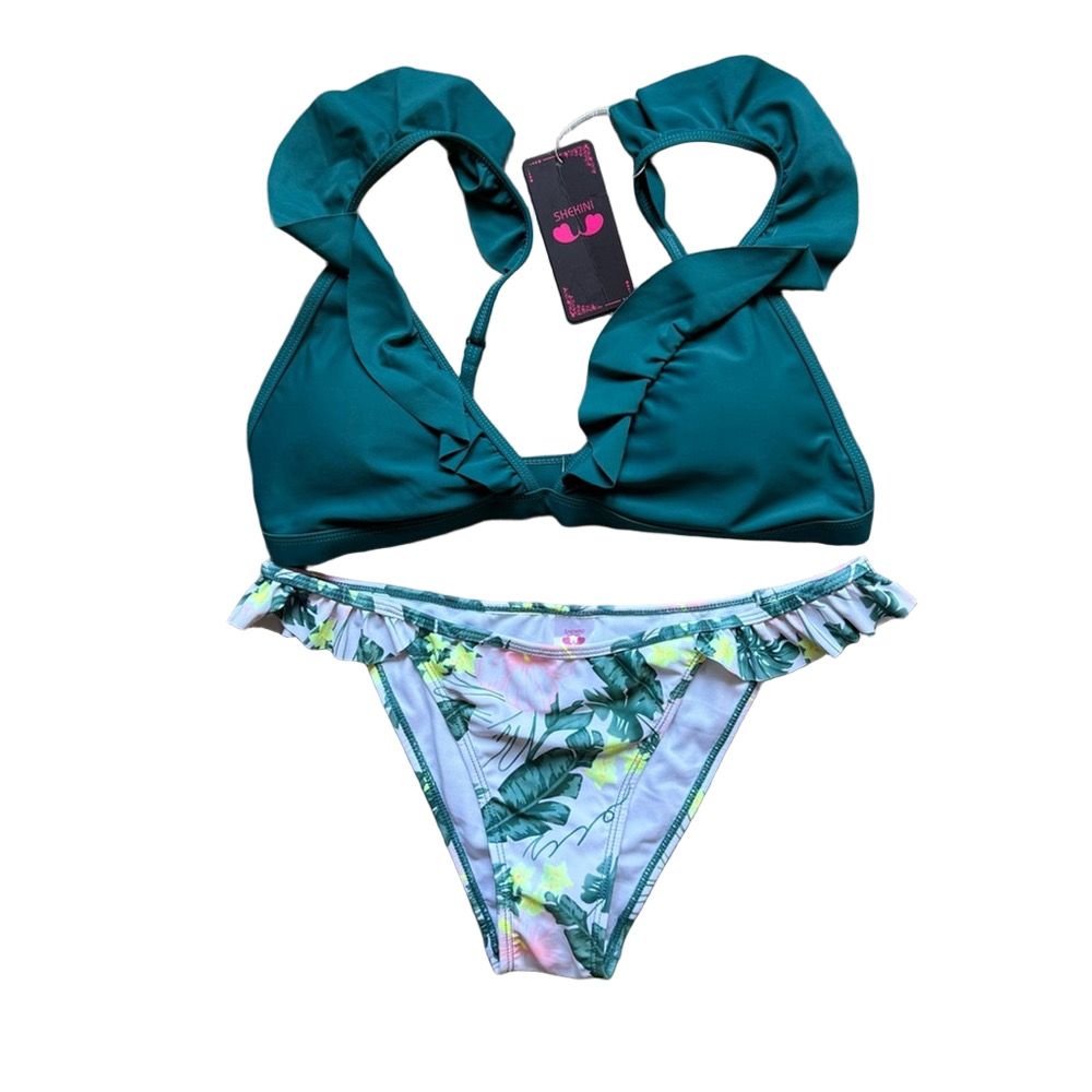Shekini Green and White Bikini with Tropical Floral Beach Size L Swim Resort